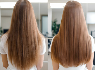 Fototapeta premium A comparison of two hairstyles, showcasing the transition from long to medium hair in a bright salon setting.