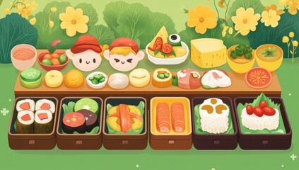 Pixel Art Picnic Colorful Bento Boxes and Japanese Food on a Sunny Day