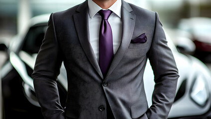 A confident businessman stands in front of a luxury car, wearing a formal suit and tie, exuding professionalism and style.