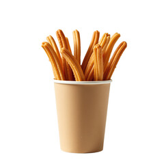 Close-up of crispy golden churros in a beige paper cup against a black background.