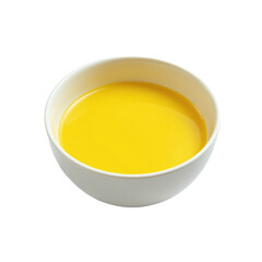 Close-up of a small white bowl filled with bright yellow liquid, possibly oil or sauce.  Perfect for culinary websites or food blogs.