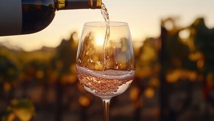 Pouring White Wine at Sunset Vineyard Golden Hour Illumination