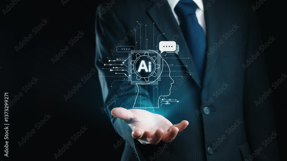 Poster human interact with ai artificial intelligence brain processor in concept of ai artificial intellige