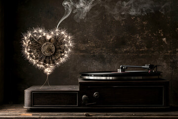 Vintage Record Player with Glowing Heart Sparkles and Smoke