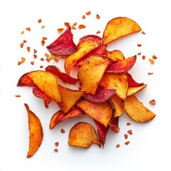 Red and Orange Crispy Potato Chips on White Background
