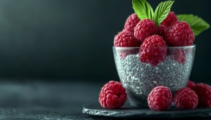 Red Raspberries and Chia Seed Pudding in Glass Bowl