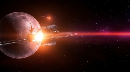 Naklejka premium Futuristic Spacecraft Orbiting Alien Planet with Colorful Rings