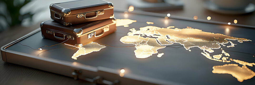 Stacked Brown Suitcases on Glowing World Map