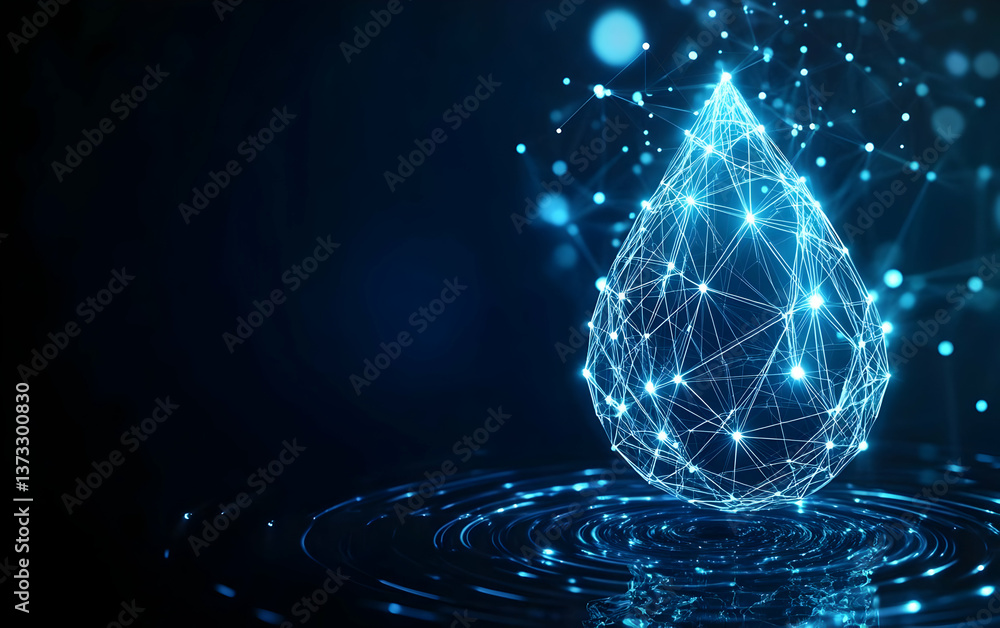 Poster a digital abstract design showcasing a glowing water droplet created from interconnected nodes and p