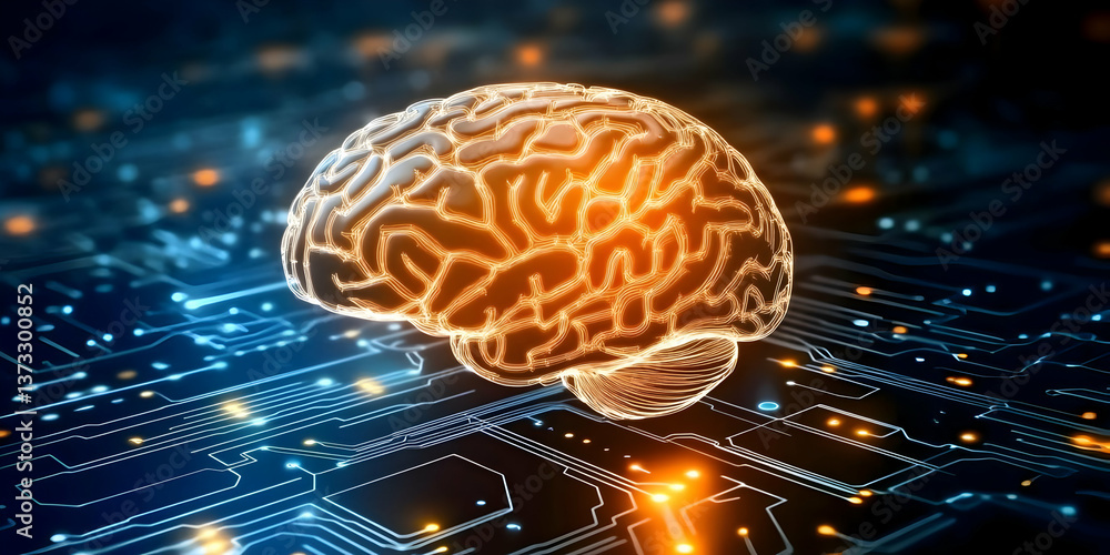 Poster a digital brain illustration symbiotically connected to a circuit board, representing ai and technol