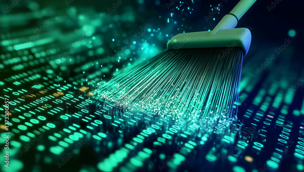 Poster a digital cleaning concept illustrated by a broom sweeping binary code, symbolizing data organizatio