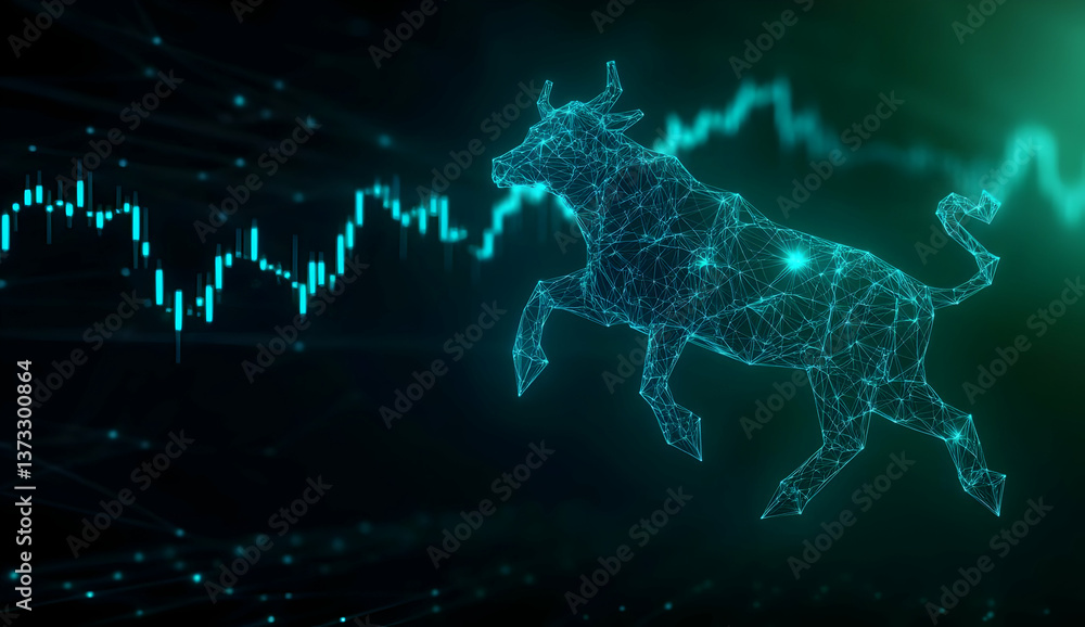 Poster a digital bull symbolizing a bullish market trend with abstract data visualization and financial gra