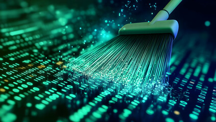 A digital cleaning concept illustrated by a broom sweeping binary code, symbolizing data organization and cybersecurity.