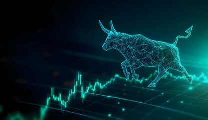 A digital bull representing market growth, with a background of a fluctuating financial graph showcasing trends in investment.