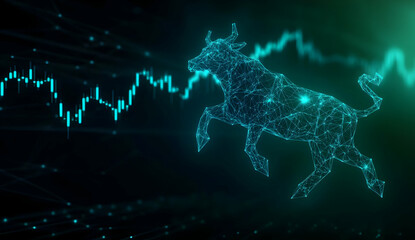 A digital bull symbolizing a bullish market trend with abstract data visualization and financial graph in the background.