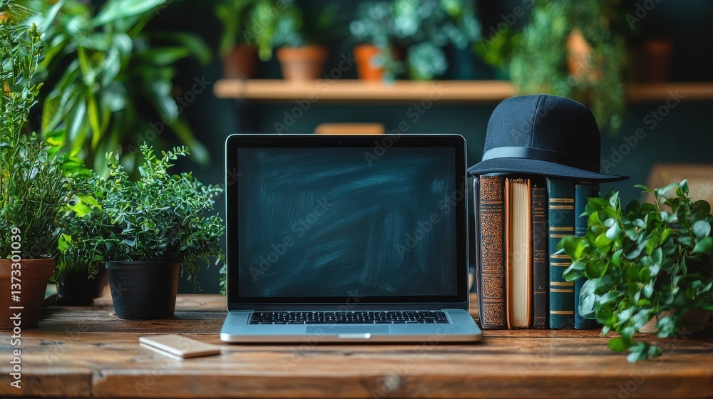 Poster e learning concept image laptop computer on wooden desk book bachelor s cap icon and blackboard fron