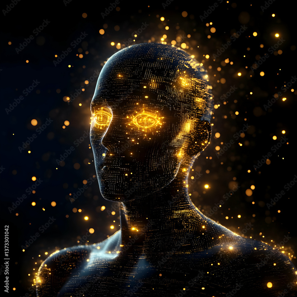 Poster a digital representation of a human figure with glowing features, embodying concepts of technology a