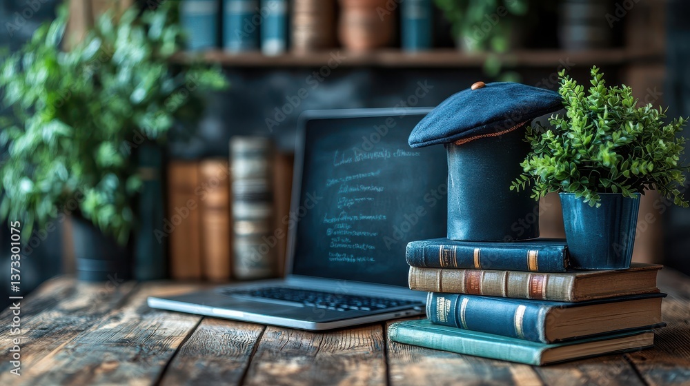 Poster e learning concept image laptop computer on wooden desk book bachelor s cap icon and blackboard fron