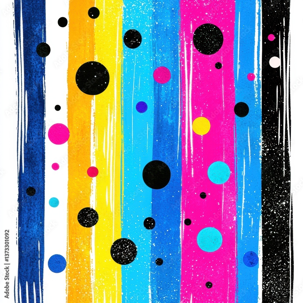 Poster a vibrant abstract design featuring colorful stripes and various circular shapes, creating a lively 
