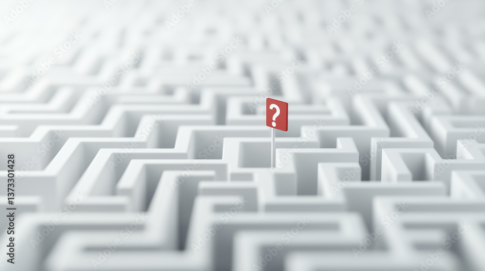Poster navigating uncertainty: a visually striking image of a complex maze, at the center, a small flag wit