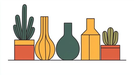 A collection of stylized plants in colorful pots and vases, featuring various shapes and designs, showcasing a modern aesthetic.