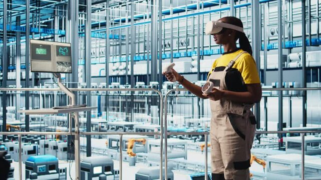 Engineer wearing VR headset in smart factory looking at collected data to do optimizations. Technicians using virtual reality in industry 4.0 industrial plant equipped with sensors, camera A