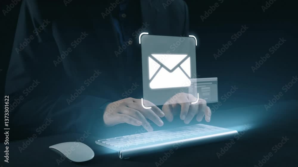 Poster business person checking email inbox, organizing and prioritizing messages for better productivity. 