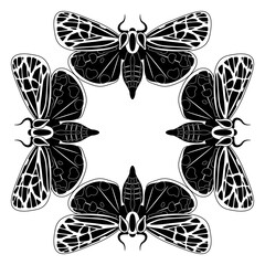 Round animal border, frame or background with four butterflies or moths. Black and white silhouette.