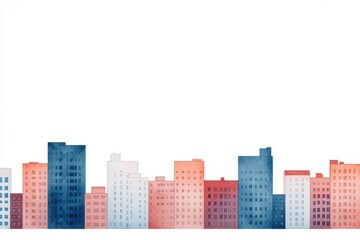 A colorful skyline featuring various buildings in shades of blue, pink, and white against a blank background.