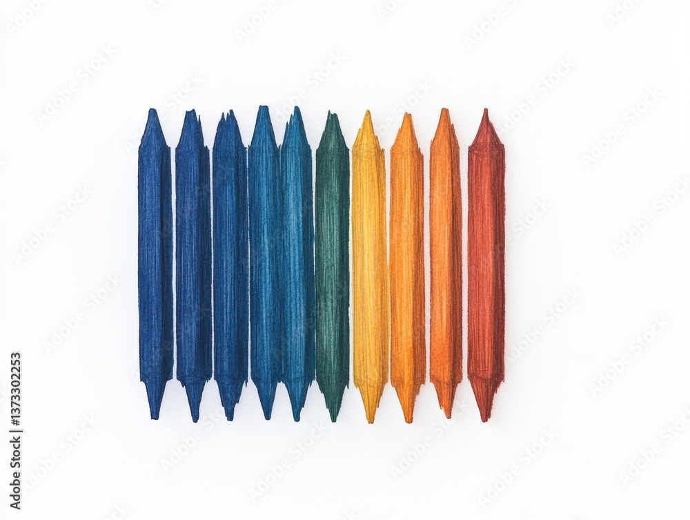 Aufkleber a row of colorful crayons arranged in a gradient from blue to red against a white background.