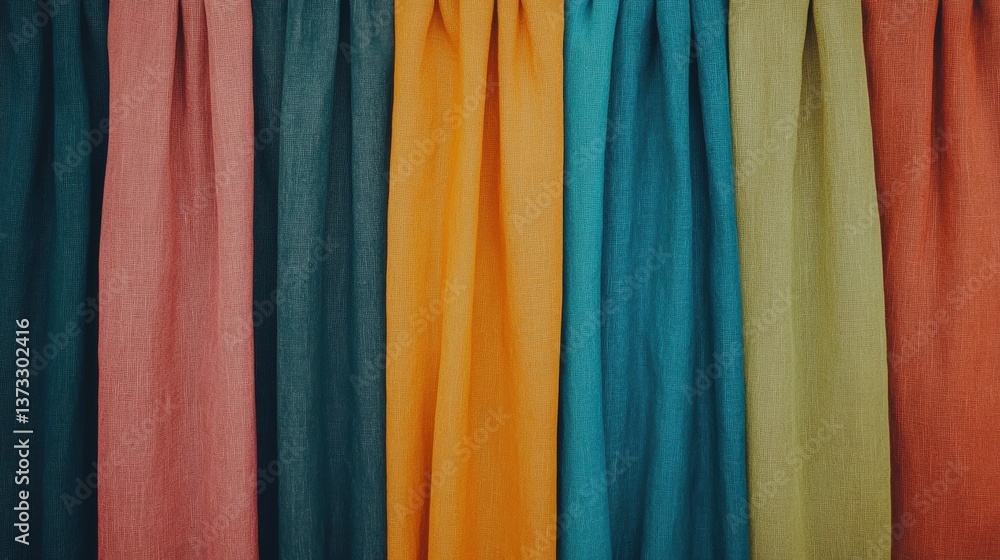 Poster a vibrant array of fabric drapes in various colors, showcasing rich textures and hues, ideal for int