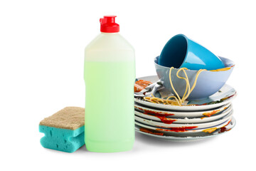 Set of dirty dishes with detergent and sponge on white background