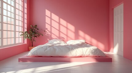 empty minimalist neon pink bedroom interior with window 3d render