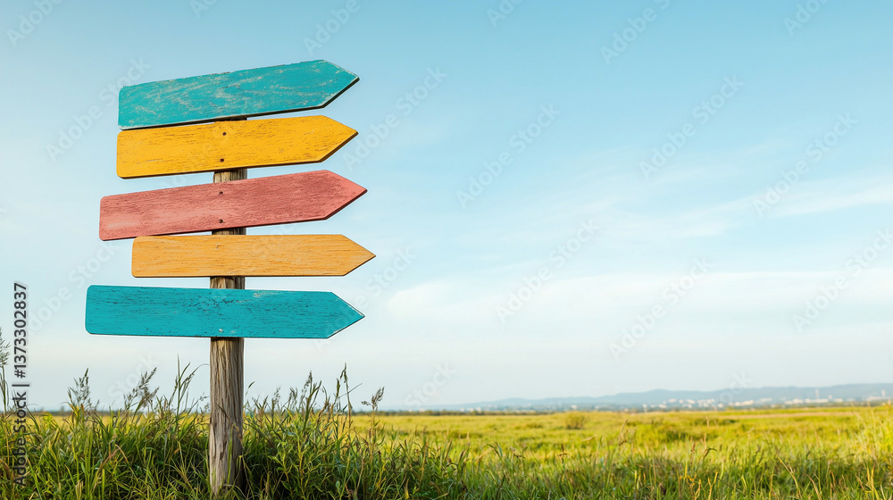 Poster direction's pointer: a vibrant array of multi-colored directional signs stand tall against a picture