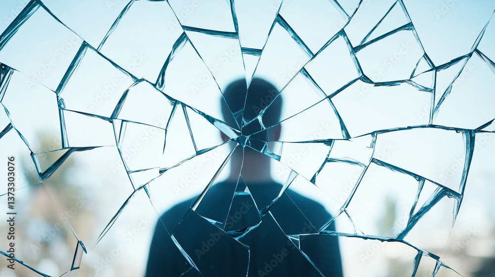 Poster fractured perceptions: a silhouette of a person is viewed through a shattered pane of glass. the bro
