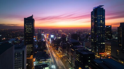 Fototapeta premium The city at dusk is a blend of shadow and soft, golden light
