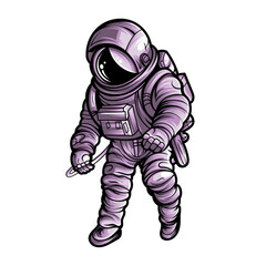 Cartoon Astronaut in Purple Space Suit Floating in Space – Futuristic Vector Character with Helmet and Backpack – Perfect for Sci-Fi Designs, Space Exploration Themes, Logos, and Educational Projects