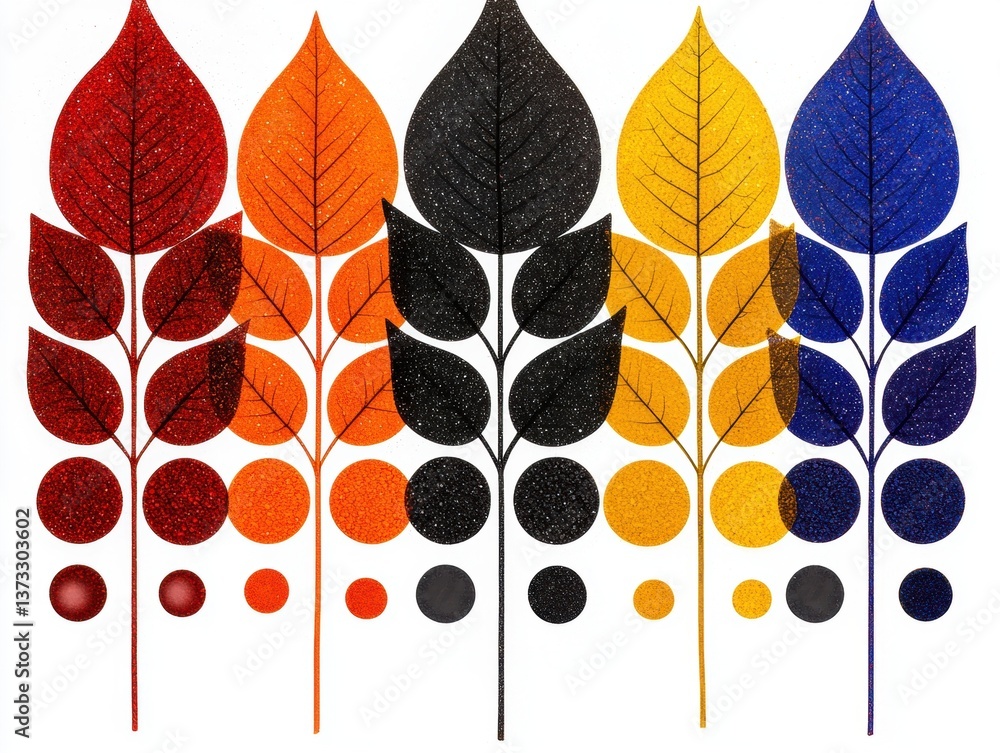 Poster a vibrant display of stylized leaves in various colors, arranged symmetrically with circular accents