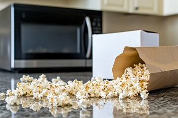 Spilled Popcorn on Kitchen Countertop Near Microwave