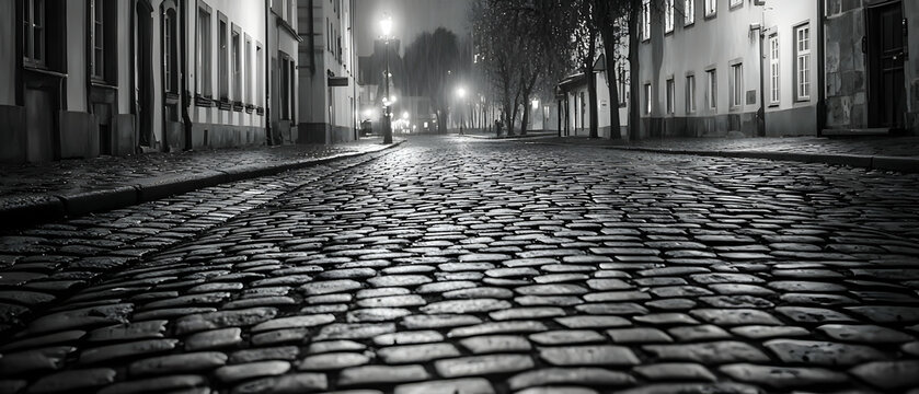 Fototapeta Wet Cobblestone Street at Night in a European City