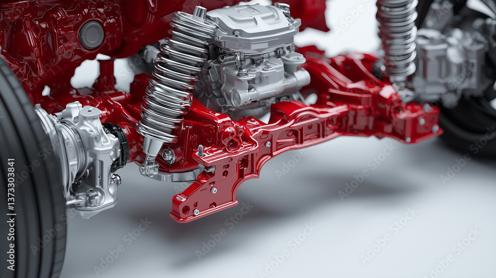 Poster precision engineering: detailed view of an automobile chassis and engine, highlighting the complex i