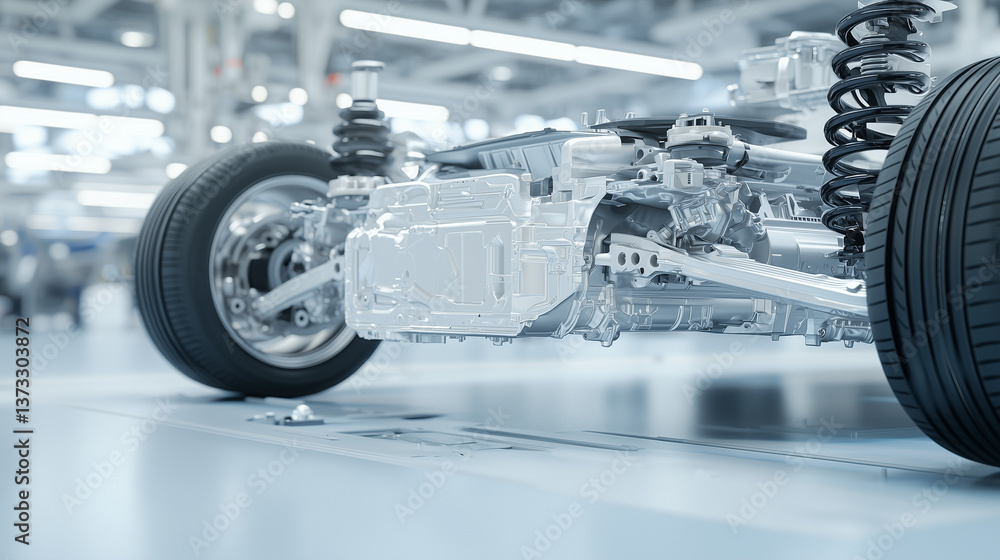 Poster automotive engineering: an in-depth view of a vehicle's suspension system, showcasing its intricate 