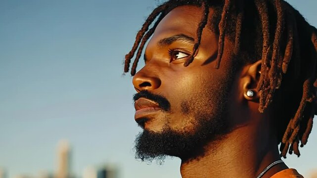 close up Portrait confidently young man with stylish dreadlocks walk city skyline in the background on a clear day. African american student on urban modern blurred background.