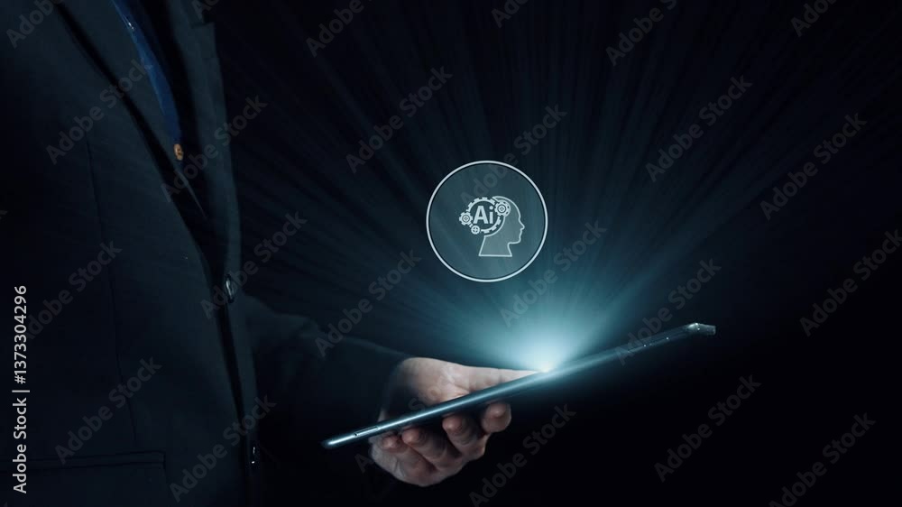 Poster human interact with ai artificial intelligence brain processor in concept of ai artificial intellige