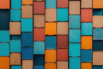 A vibrant arrangement of colorful shipping containers stacked together, showcasing a mix of blue, orange, and beige hues in a visually appealing pattern.