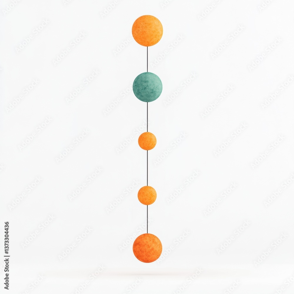 Poster a minimalistic mobile featuring colorful spheres suspended in a vertical arrangement, creating a pla