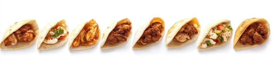 Ten Savory Mini Breads with Diverse Fillings on White