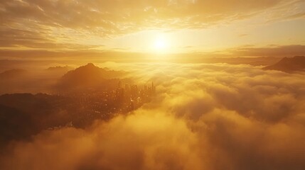 Fototapeta premium A cinematic sunrise over a city skyline, golden light streaming through morning mist, photorealistic, warm tones, 8k quality 