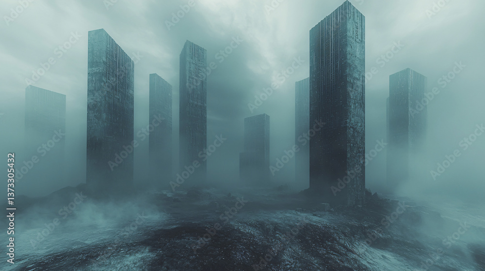 Poster mysterious city enveloped in fog with dreamlike elements and harsh lighting creating an enigmatic ur