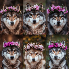 wolfdogs, each with delicate pink floral crowns